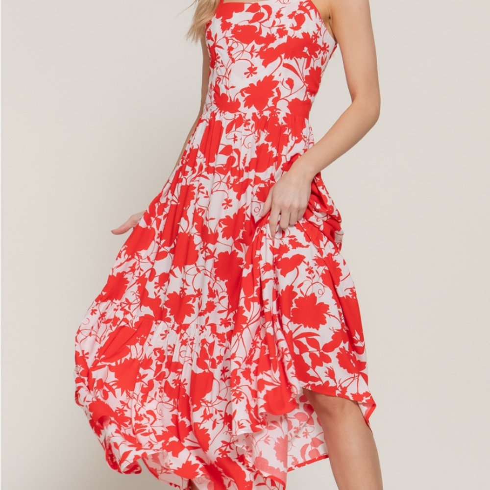 NWT BOUTIQUE_ Floral Red and White Dress Cami Midi Women’s